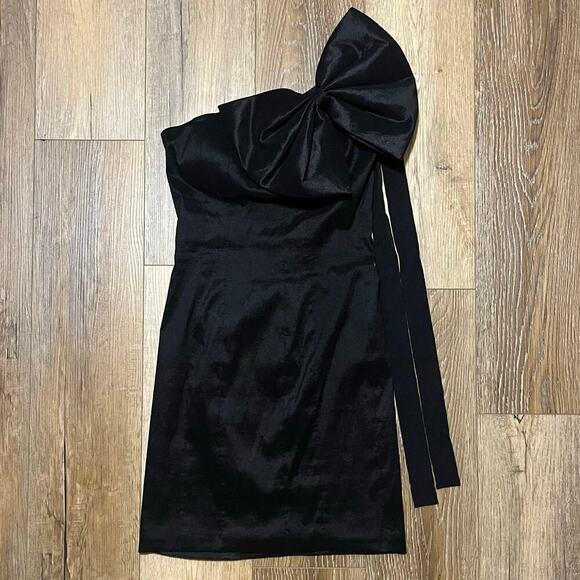 VTG Mac Duggal Couture Sz 6 One Shoulder Bow Cocktail Dress Black Mini Hoco Prom - Picture 5 of 8